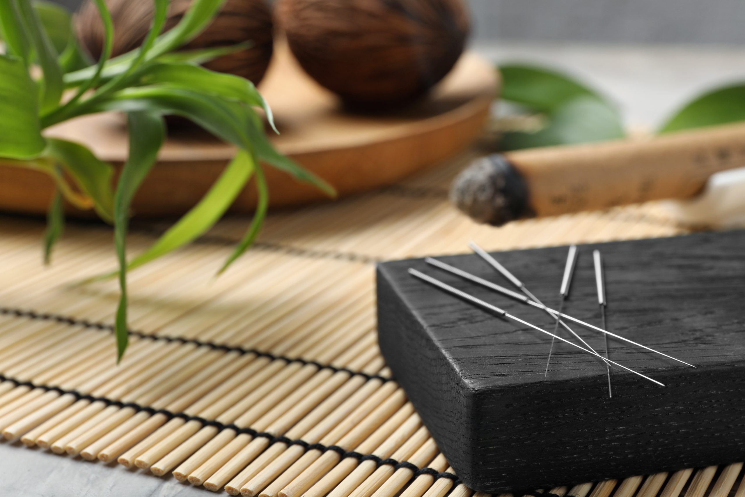 Board with needles for acupuncture on bamboo mat